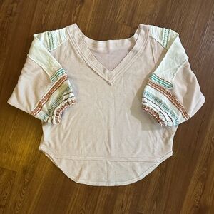 Free People Cropped V-Neck Off The Shoulder Embroidered Top 1/2 Sleeve